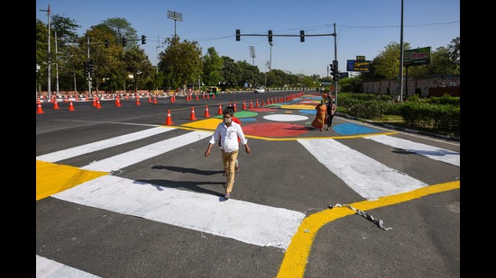 A section of the Delhi Gate intersection has been painted and demarcated with traffic cones on a trial basis, to encourage pedestrianisation. (Photo: Amal KS/HT) A section of the Delhi Gate intersection has been painted and demarcated with traffic cones on a trial basis, to encourage pedestrianisation. (Photo: Amal KS/HT)