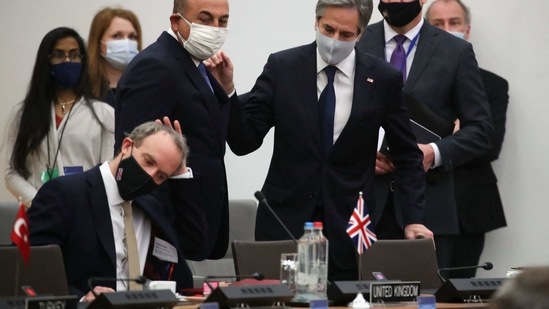 Britain's Foreign Secretary Dominic Raab, Turkish Foreign Minister Mevlut Cavusoglu and US Secretary of State Antony J Blinken arrive to take part in a North Atlantic Council (NAC) at foreign ministers level, at the Alliance's headquarters in Brussels in this file photo from March 2021. (AFP) Britain's Foreign Secretary Dominic Raab, Turkish Foreign Minister Mevlut Cavusoglu and US Secretary of State Antony J Blinken arrive to take part in a North Atlantic Council (NAC) at foreign ministers level, at the Alliance's headquarters in Brussels in this file photo from March 2021. (AFP)