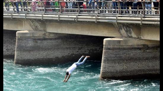 A protester jumps into the Bhakra canal during a demonstration by unemployed TET-pass BEd teachers against the Punjab government, in Patiala on Sunday. (PTI) A protester jumps into the Bhakra canal during a demonstration by unemployed TET-pass BEd teachers against the Punjab government, in Patiala on Sunday. (PTI)