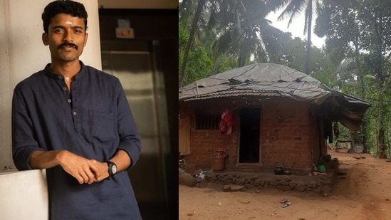 Ranjith Ramachandran, now an Assistant Professor at IIM, Ranchi, shared a picture of his old dilapidated tiled hut, covered with a tarpaulin sheet, on Facebook and narrated his inspirational journey. (Photo via social media)