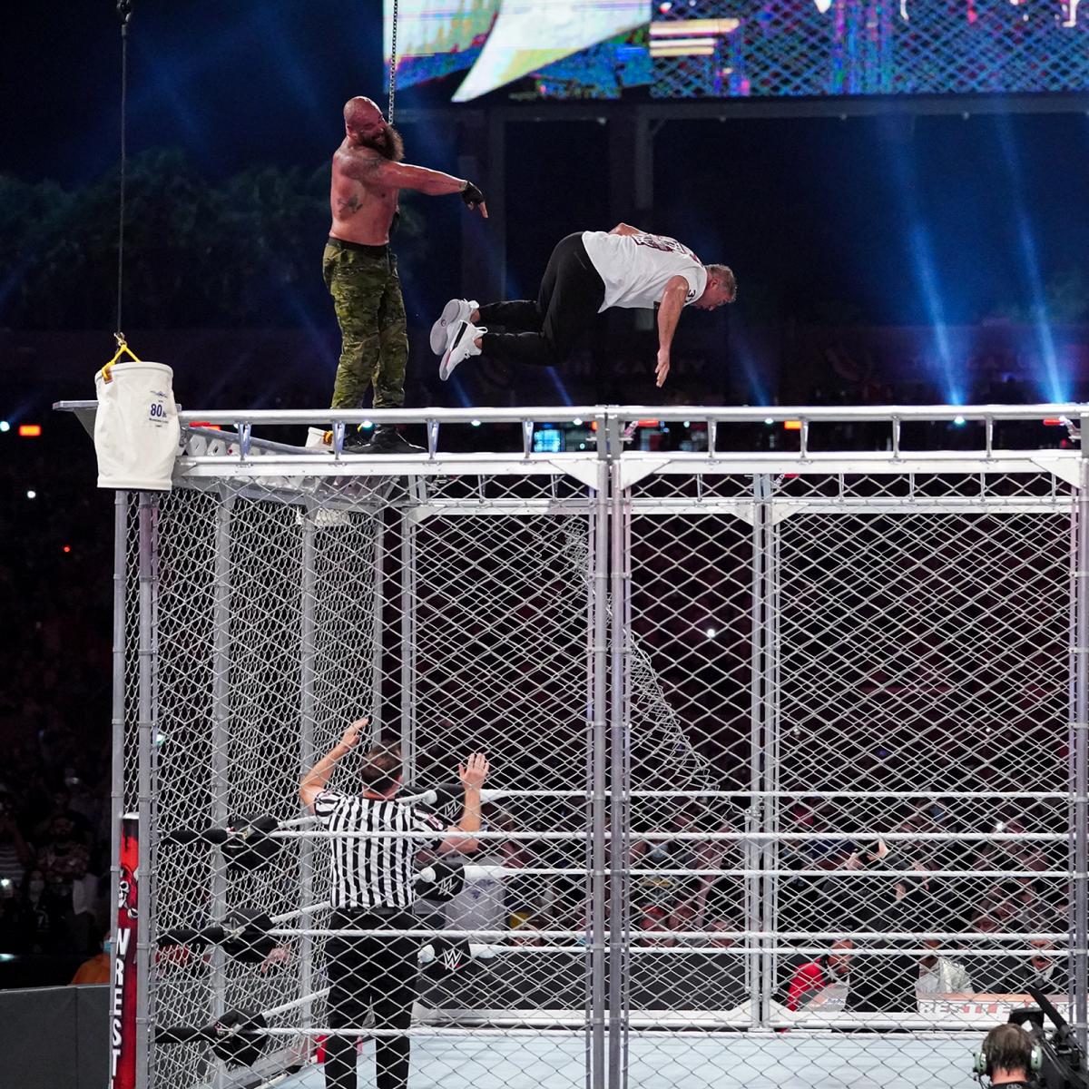 Braun Strowman throws Shane McMahon off the roof of the cage at WWE WrestleMania 37. (WWE) Braun Strowman throws Shane McMahon off the roof of the cage at WWE WrestleMania 37. (WWE)