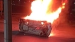 The vehicle which caught on fire, at NH 9, Dasna, in Ghaziabad. (Sakib Ali /Hindustan Times) The vehicle which caught on fire, at NH 9, Dasna, in Ghaziabad. (Sakib Ali /Hindustan Times)