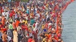 Devotees take holy dips in the river Ganges during Shahi snan or a Royal bath at Kumbh mela, in Haridwar in the Indian state of Uttarakhand, Monday, April 12, 2021. As states across India are declaring some version of a lockdown to battle rising Covid cases as part of a nationwide second-wave, thousands of pilgrims are gathering on the banks of the river Ganga for the Hindu festival Kumbh Mela. The faithful believe that a dip in the waters of the Ganga will absolve them of their sins and deliver them from the cycle of birth and death. (AP Photo/Karma Sonam)(AP) Devotees take holy dips in the river Ganges during Shahi snan or a Royal bath at Kumbh mela, in Haridwar in the Indian state of Uttarakhand, Monday, April 12, 2021. As states across India are declaring some version of a lockdown to battle rising Covid cases as part of a nationwide second-wave, thousands of pilgrims are gathering on the banks of the river Ganga for the Hindu festival Kumbh Mela. The faithful believe that a dip in the waters of the Ganga will absolve them of their sins and deliver them from the cycle of birth and death. (AP Photo/Karma Sonam)(AP)