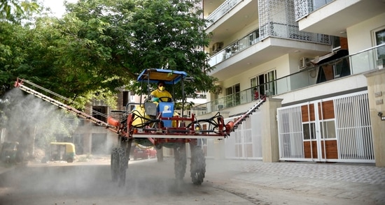 A Japanese spray machine that can disinfect areas up to 20,000 sq mtrs an hour is seen during a sanitation drive in South city-II Block-D, near Nirvana Country, in Gurugram in this file picture from 2020. ( Parveen Kumar/Hindustan Times) A Japanese spray machine that can disinfect areas up to 20,000 sq mtrs an hour is seen during a sanitation drive in South city-II Block-D, near Nirvana Country, in Gurugram in this file picture from 2020. ( Parveen Kumar/Hindustan Times)