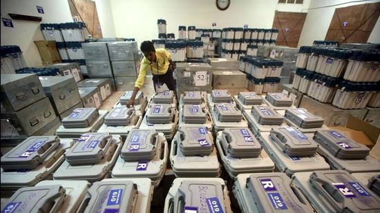 Tamil Nadu, April 05 (ANI): EVMs stored at a distribution center before sending them to polling stations ahead of the assembly elections in Chennai on Monday. (ANI Photo) (ANI) Tamil Nadu, April 05 (ANI): EVMs stored at a distribution center before sending them to polling stations ahead of the assembly elections in Chennai on Monday. (ANI Photo) (ANI)