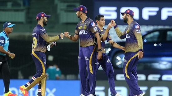 Kolkata Knight Riders players after the match 3 of the Indian Premier League 2021.(PTI)