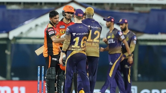 Kolkata Knight Riders and Sunrisers Hyderabad players greet each other after the match 3 of the Indian Premier League 2021. (PTI) Kolkata Knight Riders and Sunrisers Hyderabad players greet each other after the match 3 of the Indian Premier League 2021. (PTI)