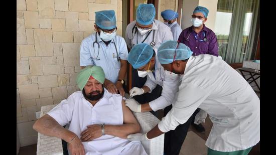 Punjab chief minister Capt Amarinder Singh being administered the second dose of the Covid vaccine in Chandigarh on Monday. (Twitter) Punjab chief minister Capt Amarinder Singh being administered the second dose of the Covid vaccine in Chandigarh on Monday. (Twitter)