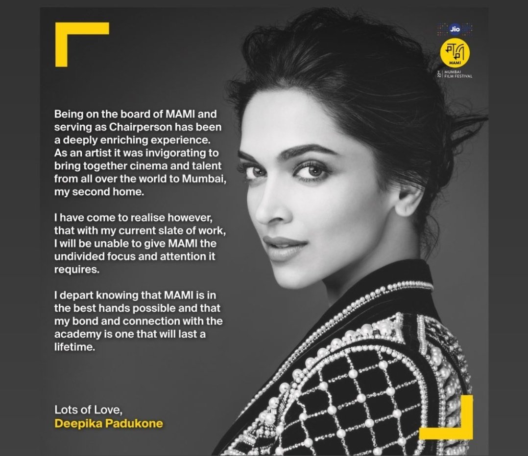 Deepika Padukone has quit as MAMI chairperson. Deepika Padukone has quit as MAMI chairperson.