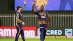 Kolkata Knight Riders player Andre Russell celebrates with Eoin Morgan.(PTI) Kolkata Knight Riders player Andre Russell celebrates with Eoin Morgan.(PTI)