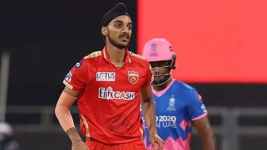 Arshdeep Singh of Punjab Kings during the match between Rajasthan Royals and the Punjab Kings at the Wankhede Stadium in Mumbai on Monday.(ANI Photo/ IPL Twitter)