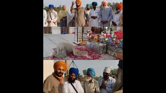 A collage of photos shared by Punjab Congress leader and former minister Navjot Singh Sidhu after visiting the Burj Jawahar Singh Wala village gurdwara in Faridkot district on Baisakhi. (Twitter)