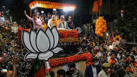 Union home minister and senior BJP leader Amit Shah during an election campaign rally in support of party candidates, in Siliguri on Monday.(PTI Photo)