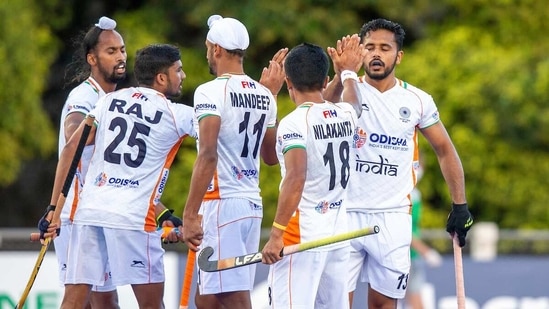 Indian men's hockey team celebrates a goal against Argentina. (Special Arrangement ) Indian men's hockey team celebrates a goal against Argentina. (Special Arrangement )