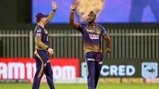 Kolkata Knight Riders player Andre Russell celebrates with Eoin Morgan.(PTI)