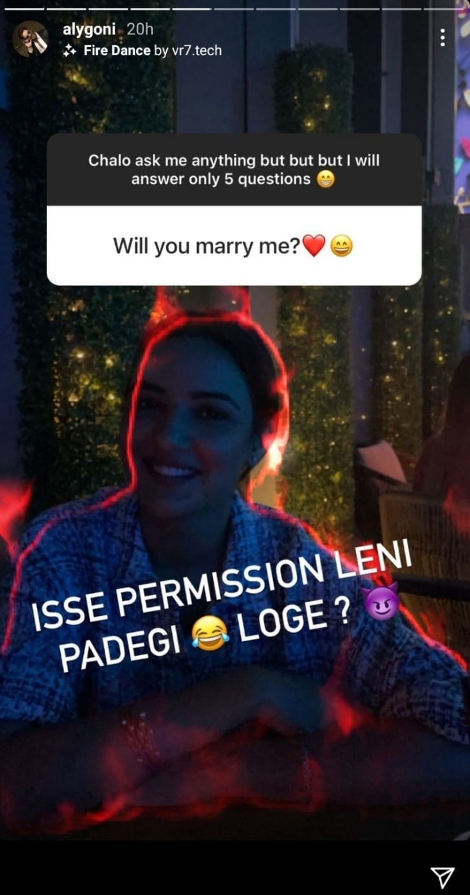 A screenshot of Aly Goni's response to the fan's marriage proposal. A screenshot of Aly Goni's response to the fan's marriage proposal.