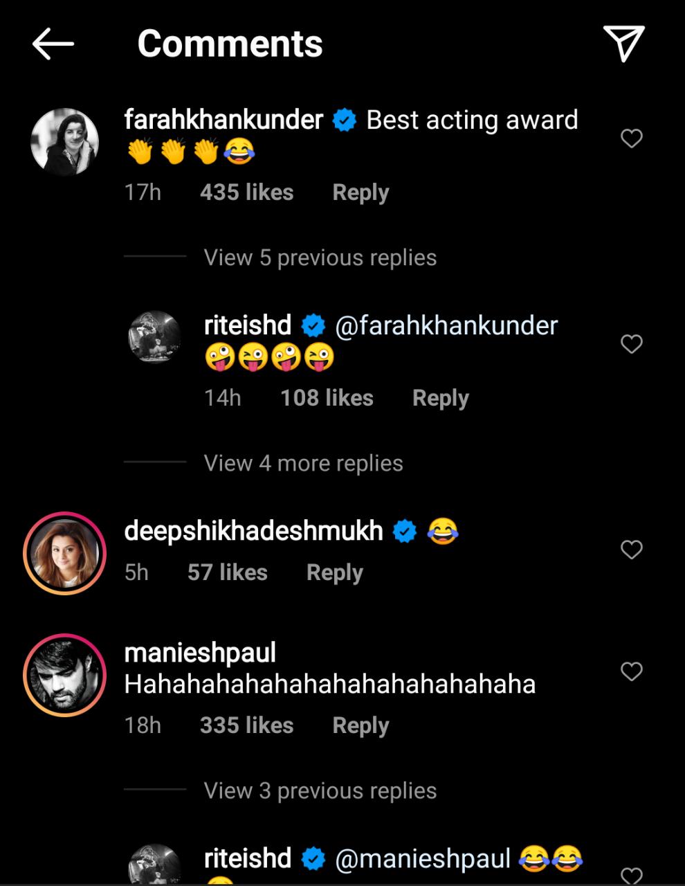 Farah Khan commented, "Best acting award" followed by applause and laughter emojis. Farah Khan commented, "Best acting award" followed by applause and laughter emojis.