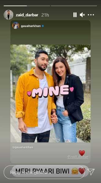 Zaid took to Instagram Stories and shared her post, writing, "mine" and "meri pyaari biwi".