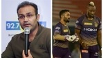 Virender Sehwag reacts on Dinesh Karthik and Andre Russell's batting towards the end. Virender Sehwag reacts on Dinesh Karthik and Andre Russell's batting towards the end.