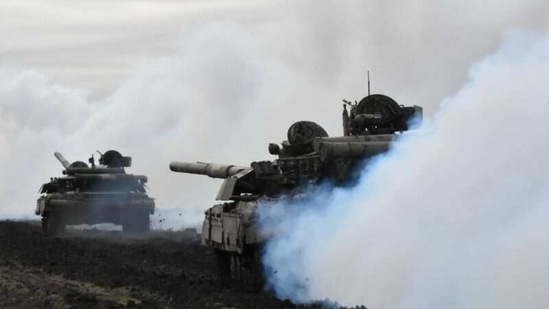 Tanks of the Ukrainian Armed Forces are seen during drills at an unknown location near the border of Russian-annexed Crimea, Ukraine. (via REUTERS)