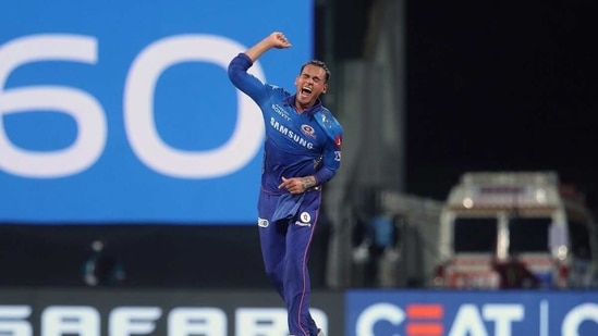 Rahul Chahar of Mumbai Indians celebrates the wicket of Shubman Gill of Kolkata Knight Riders during the match between the Kolkata Knight Riders and the Mumbai Indians at the M. A. Chidambaram Stadium in Chennai on Tuesday. (ANI Photo/ IPL Twitter)