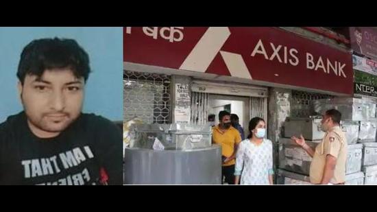 Guard Sunil Kumar and the Axis Bank branch in Sector 34, Chandigarh, from where he stole ₹4.04 crore on Sunday. (HT Photo) Guard Sunil Kumar and the Axis Bank branch in Sector 34, Chandigarh, from where he stole ₹4.04 crore on Sunday. (HT Photo)