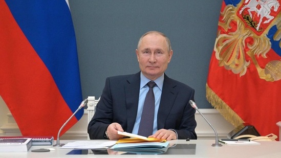 Vladimir Putin announced getting the jab, which was kept out of the public eye, at a session of the Russian Geographical Society, in which he took part via video link. (AFP) Vladimir Putin announced getting the jab, which was kept out of the public eye, at a session of the Russian Geographical Society, in which he took part via video link. (AFP)