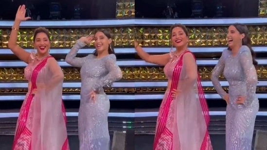 Madhuri Dixit and Nora Fatehi dance on Mera Piya Ghar Aaya on the sets of Dance Deewane.
