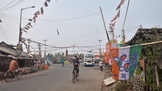 Tengua market area decorated with TMC flag at Nandigram in East Medinipur district. (PTI Photo) Tengua market area decorated with TMC flag at Nandigram in East Medinipur district. (PTI Photo)