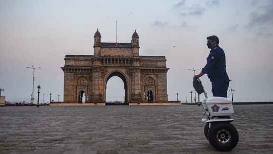 The fresh spike in Mumbai comes a day after chief minister Uddhav Thackeray imposed fresh restrictions across the state. In picture - A view of the deserted Gateway of India. (PTI) The fresh spike in Mumbai comes a day after chief minister Uddhav Thackeray imposed fresh restrictions across the state. In picture - A view of the deserted Gateway of India. (PTI)