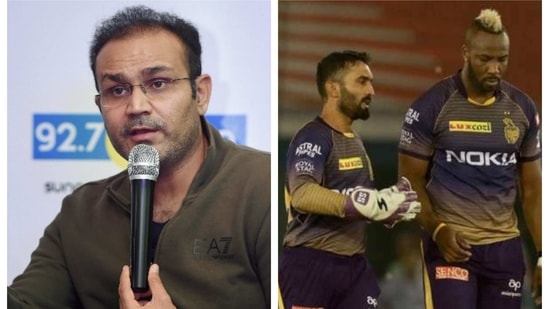 Virender Sehwag reacts on Dinesh Karthik and Andre Russell's batting towards the end. 