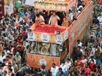 Union home minister Amit Shah holding a road show in West Bengal. (PTI PHOTO.)