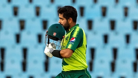 Pakistan's captain Babar Azam raises his helmet to celebrate scoring a century during the fourth T20 cricket match between South Africa and Pakistan at Centurion Park in Pretoria, South Africa, Wednesday, April 14, 2021 (AP) Pakistan's captain Babar Azam raises his helmet to celebrate scoring a century during the fourth T20 cricket match between South Africa and Pakistan at Centurion Park in Pretoria, South Africa, Wednesday, April 14, 2021 (AP)