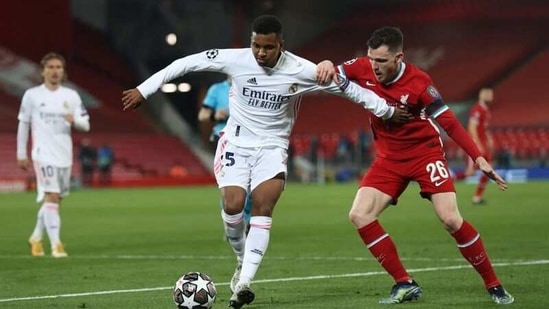 Real Madrid's Rodrygo in action with Liverpool's Andrew Robertson.(REUTERS)