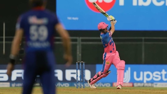 Chris Morris of Rajasthan Royals plays a shot during the IPL against Delhi Capitals(IPL / Twitter)