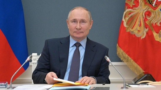 Vladimir Putin announced getting the jab, which was kept out of the public eye, at a session of the Russian Geographical Society, in which he took part via video link. (AFP) Vladimir Putin announced getting the jab, which was kept out of the public eye, at a session of the Russian Geographical Society, in which he took part via video link. (AFP)