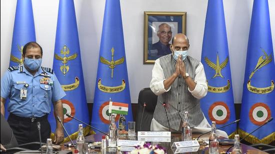 Defence Minister Rajnath Singh during the inaugural session of the IAF Commander's Conference in New Delhi on Thursday. (PTI PHOTO.)