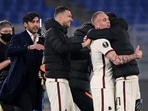 Europa League - Quarter Final Second Leg - AS Roma v Ajax Amsterdam - Stadio Olimpico, Rome, Italy - April 15, 2021 AS Roma coach Paulo Fonseca celebrate with players after the match