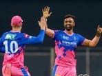 Jaydev Unadkat of Rajasthan Royals celebrates the wicket of Shikhar Dhawan of Delhi Capitals during Indian Premier League cricket match between Rajasthan Royals and Delhi Capitals at the Wankhede Stadium in Mumbai, Thursday, April 15, 2021. (PTI) Jaydev Unadkat of Rajasthan Royals celebrates the wicket of Shikhar Dhawan of Delhi Capitals during Indian Premier League cricket match between Rajasthan Royals and Delhi Capitals at the Wankhede Stadium in Mumbai, Thursday, April 15, 2021. (PTI)