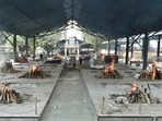 Funeral pyres at Nigambodh Ghat in New Delhi on Friday(PTI) Funeral pyres at Nigambodh Ghat in New Delhi on Friday(PTI)
