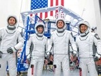 This undated photo made available by SpaceX in April 2021 shows the crew for its third astronaut launch to the International Space Station, during a training session at the SpaceX training facility in Hawthorne, Calif. From the left are mission specialist Thomas Pesquet of the European Space Agency, pilot Megan McArthur and commander Shane Kimbrough of Nasa, and mission specialist Akihiko Hoshide of the Japan Aerospace Exploration Agency. This undated photo made available by SpaceX in April 2021 shows the crew for its third astronaut launch to the International Space Station, during a training session at the SpaceX training facility in Hawthorne, Calif. From the left are mission specialist Thomas Pesquet of the European Space Agency, pilot Megan McArthur and commander Shane Kimbrough of Nasa, and mission specialist Akihiko Hoshide of the Japan Aerospace Exploration Agency.