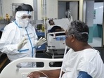 Union health minister Harsh Vardhan meeting Covid-19 patients at AIIMS on Friday. 