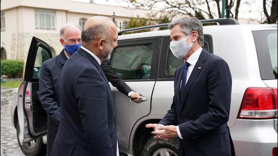US Secretary of State Antony Blinken meeting Afghan President Ashraf Ghani in Kabul on Thursday. (AFP PHOTO.) US Secretary of State Antony Blinken meeting Afghan President Ashraf Ghani in Kabul on Thursday. (AFP PHOTO.)