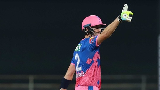 Chris Morris of Rajasthan Royals celebrates his team's win in the Indian Premier League cricket match against Delhi Capitals at the Wankhede Stadium in Mumbai, Thursday, April 15, 2021.(PTI)