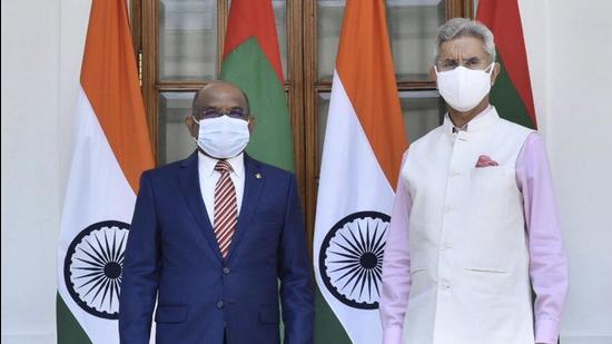 External Affairs Minister S Jaishankar with Minister of Foreign Affairs for the Maldives Abdulla Shahid during a meeting in New Delhi. on Friday. (PTI PHOTO.) External Affairs Minister S Jaishankar with Minister of Foreign Affairs for the Maldives Abdulla Shahid during a meeting in New Delhi. on Friday. (PTI PHOTO.)