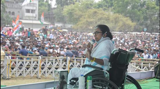 West Bengal chief minister Mamata Banerjee at an election rally in Nabadwip, Nadia district on Friday, April 16. (PTI)