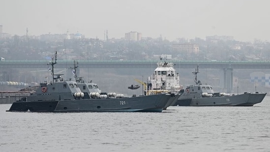 Landing crafts of the Russian Navy's Caspian Flotilla are pictured on the Don River during the inter-fleet move from the Caspian Sea to the Black Sea. (REUTERS)