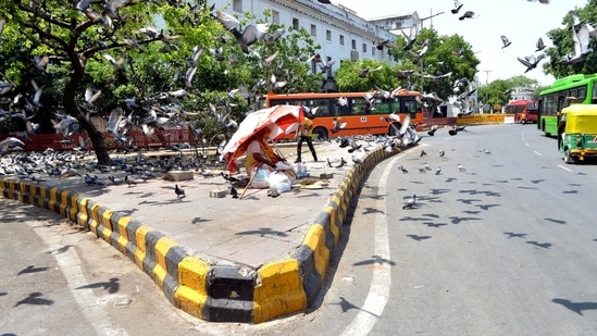A deserted look of Connaught Place during the weekend lockdown in the state amid the rise in Covid-19 cases in New Delhi on Saturday. (ANI Photo ) A deserted look of Connaught Place during the weekend lockdown in the state amid the rise in Covid-19 cases in New Delhi on Saturday. (ANI Photo )