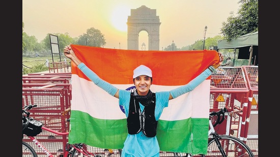 Khan set a new record on April 6, 2021, for fastest time by a woman along the Golden Quadrilateral. She covered 6,002 km in 110 days and 23 hours. (Vikas Saroha) Khan set a new record on April 6, 2021, for fastest time by a woman along the Golden Quadrilateral. She covered 6,002 km in 110 days and 23 hours. (Vikas Saroha)