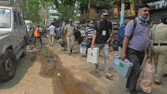 Polling started in these three assembly seats at 7am amid strict adherence to Covid-19 protocol.(AFP) Polling started in these three assembly seats at 7am amid strict adherence to Covid-19 protocol.(AFP)